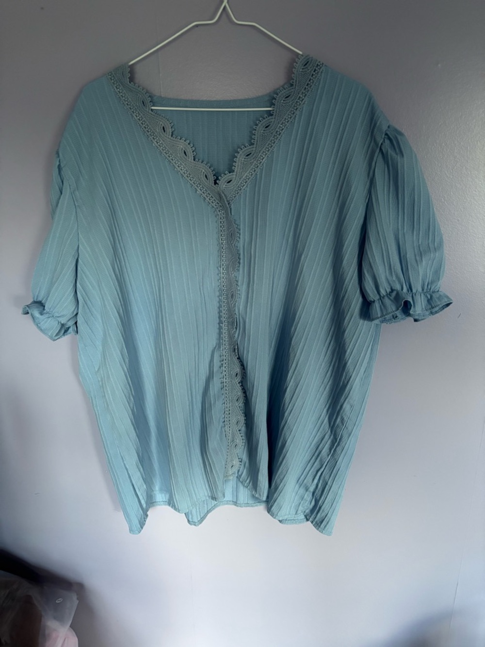 Light Blue Women's V-Neck Pleated Blouse